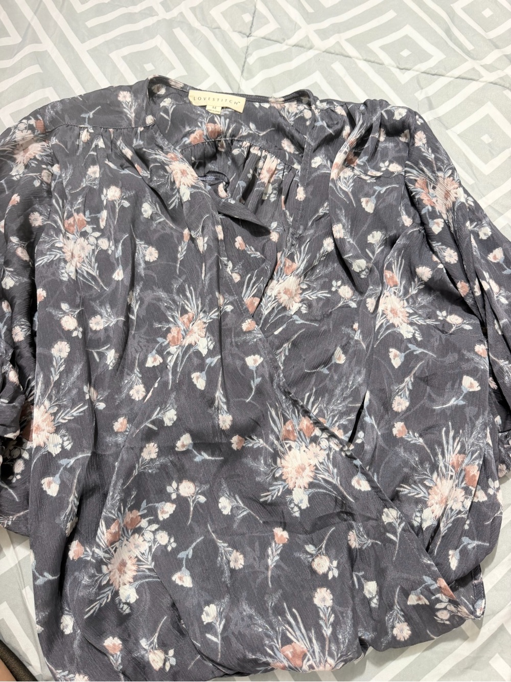 lovestitch Gray Floral V-Neck Blouse with Pink Accents